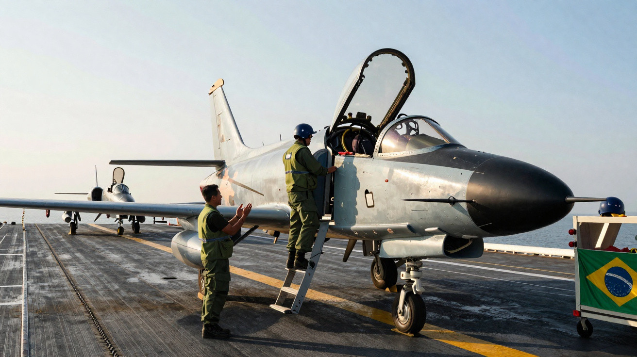Dois militares inspecionam jato militar na pista de um porta-aviões com mar ao fundo e bandeira do Brasil visível.