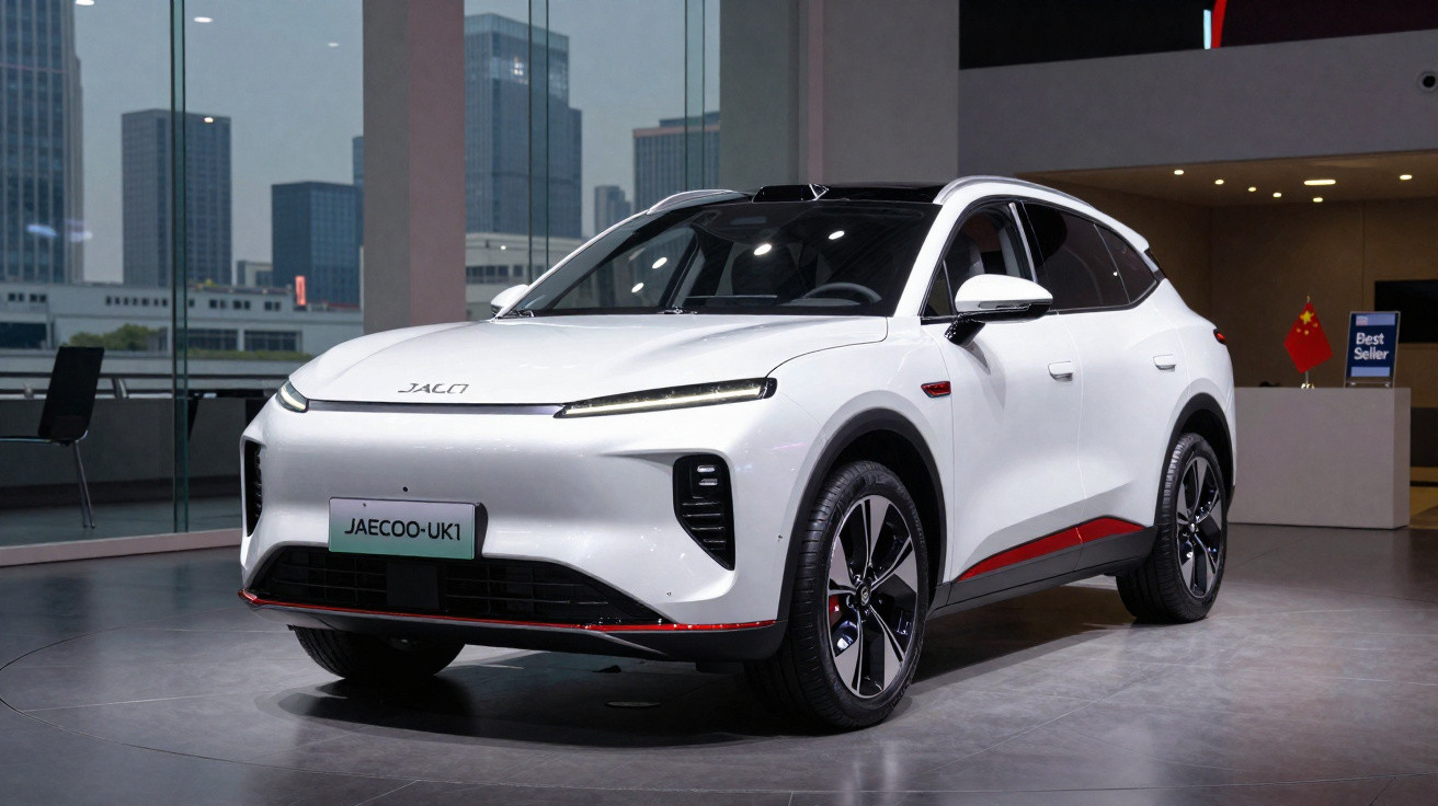 SUV elétrico branco JAC JAECOO-UK1 em showroom com prédios ao fundo e detalhes vermelhos no para-choque.