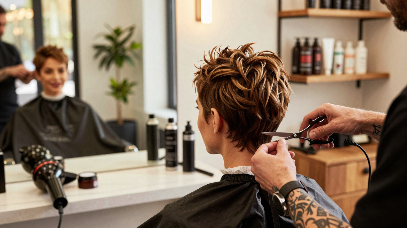 Pessoa com cabelo curto sendo cortada por cabeleireiro em salão, com espelho e produtos ao fundo.