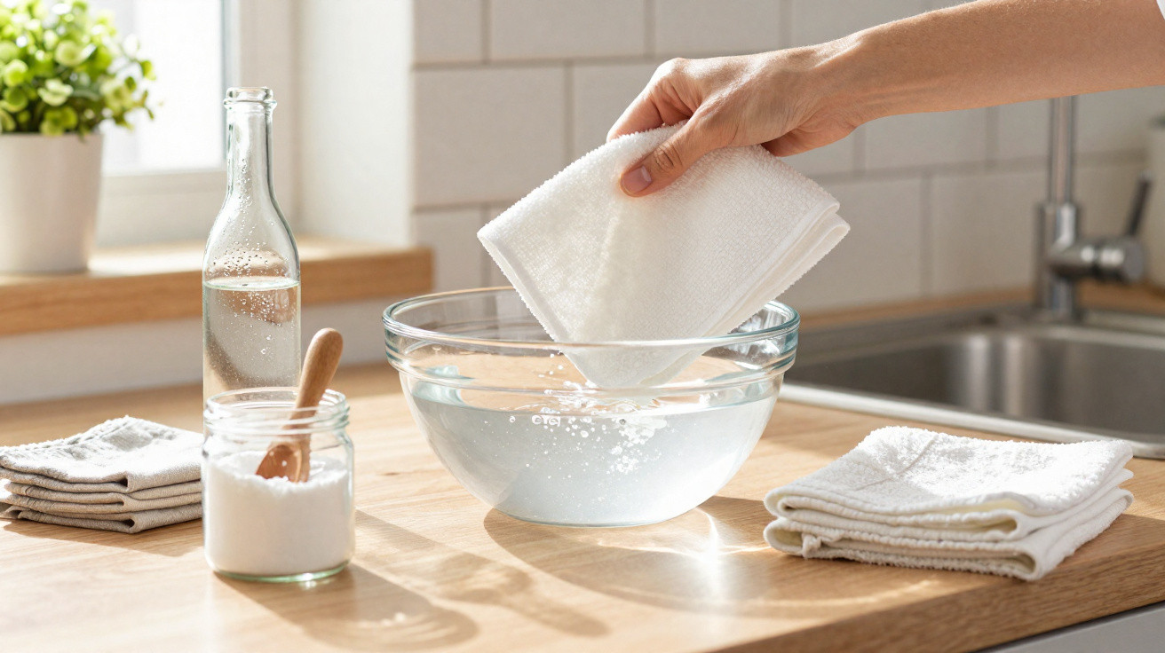 Mão mergulhando pano branco em tigela com água em cozinha clara com frascos e outros panos sobre bancada.