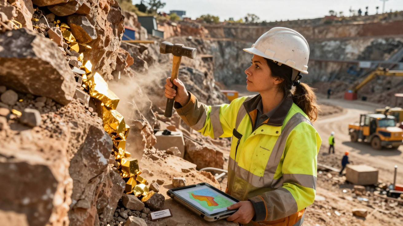 Mulher mineradora com capacete e jaqueta refletiva usa martelo para extrair minerais em mina a céu aberto.