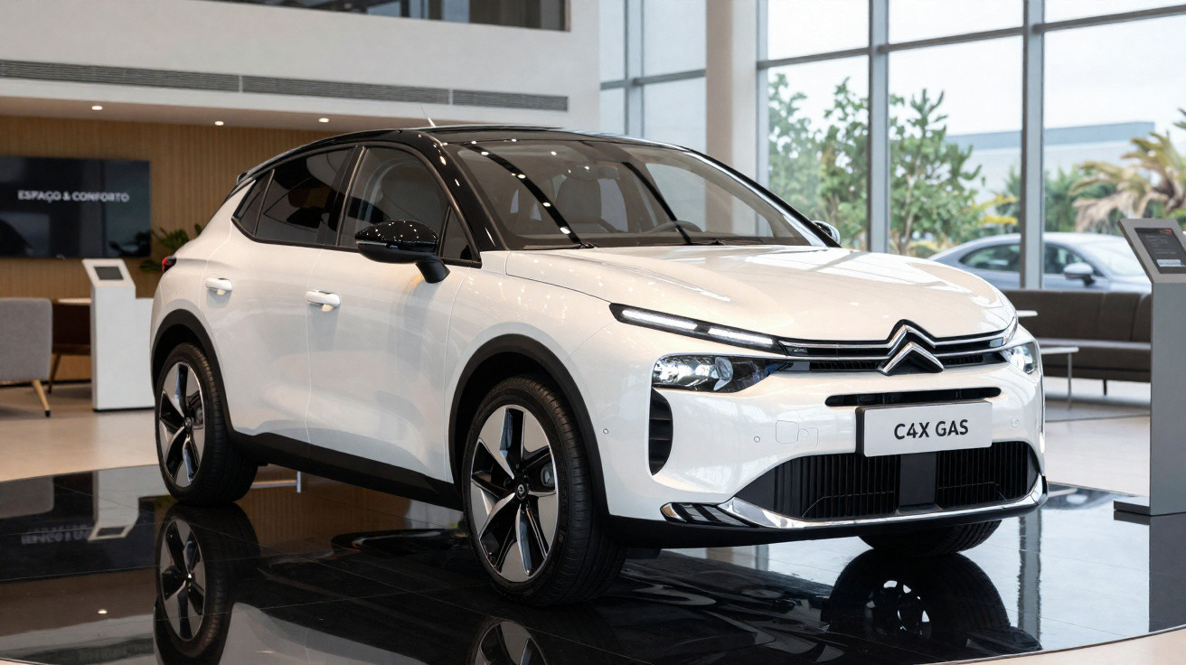 Carro branco Citroën C4X GAS exposto em showroom com piso refletivo e grandes janelas ao fundo.