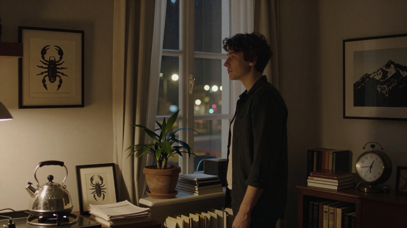 Homem em ambiente interno olhando pela janela ao anoitecer, com plantas, livros e quadros decorativos.