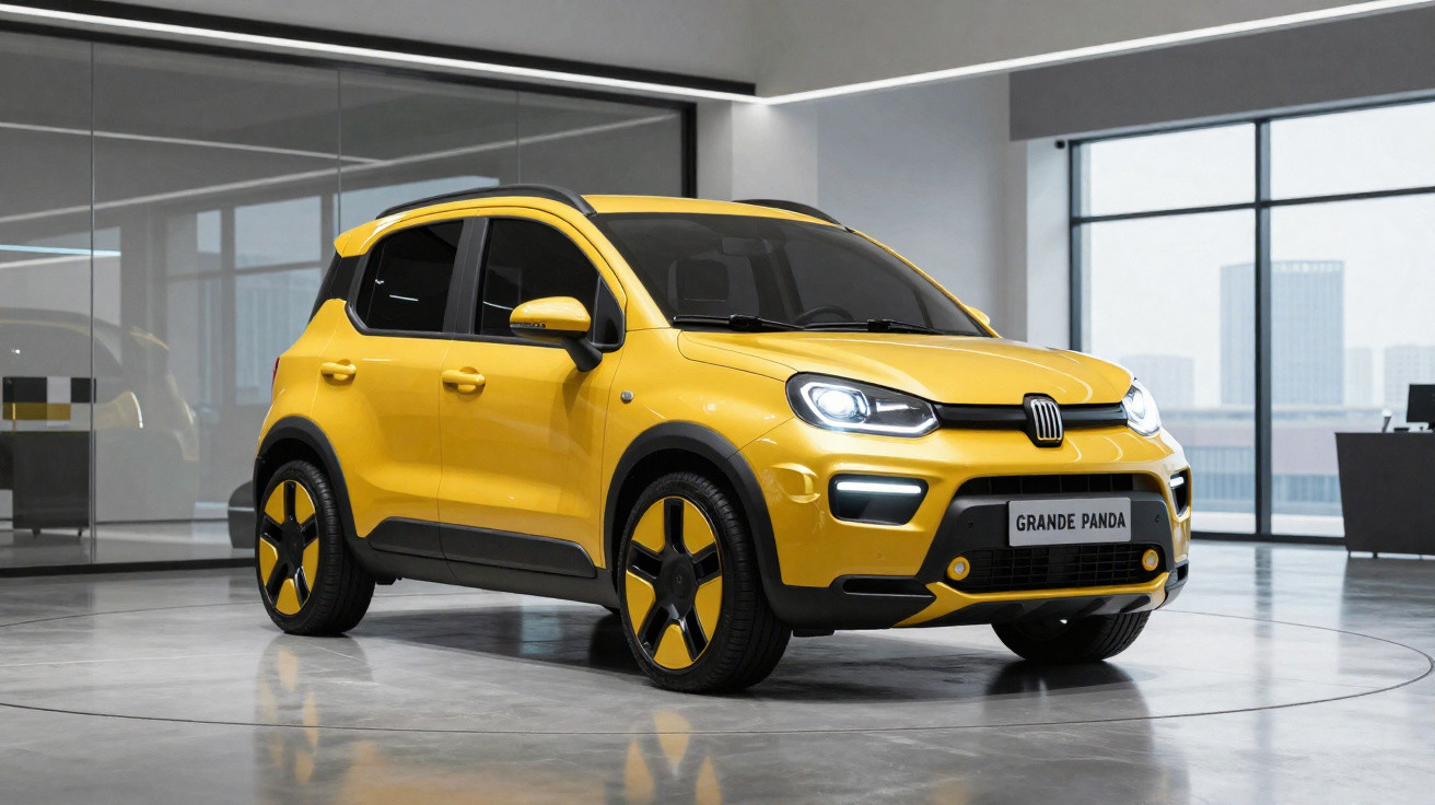 Carro Fiat Grande Panda amarelo em showroom moderno com piso de concreto polido e janelas amplas.