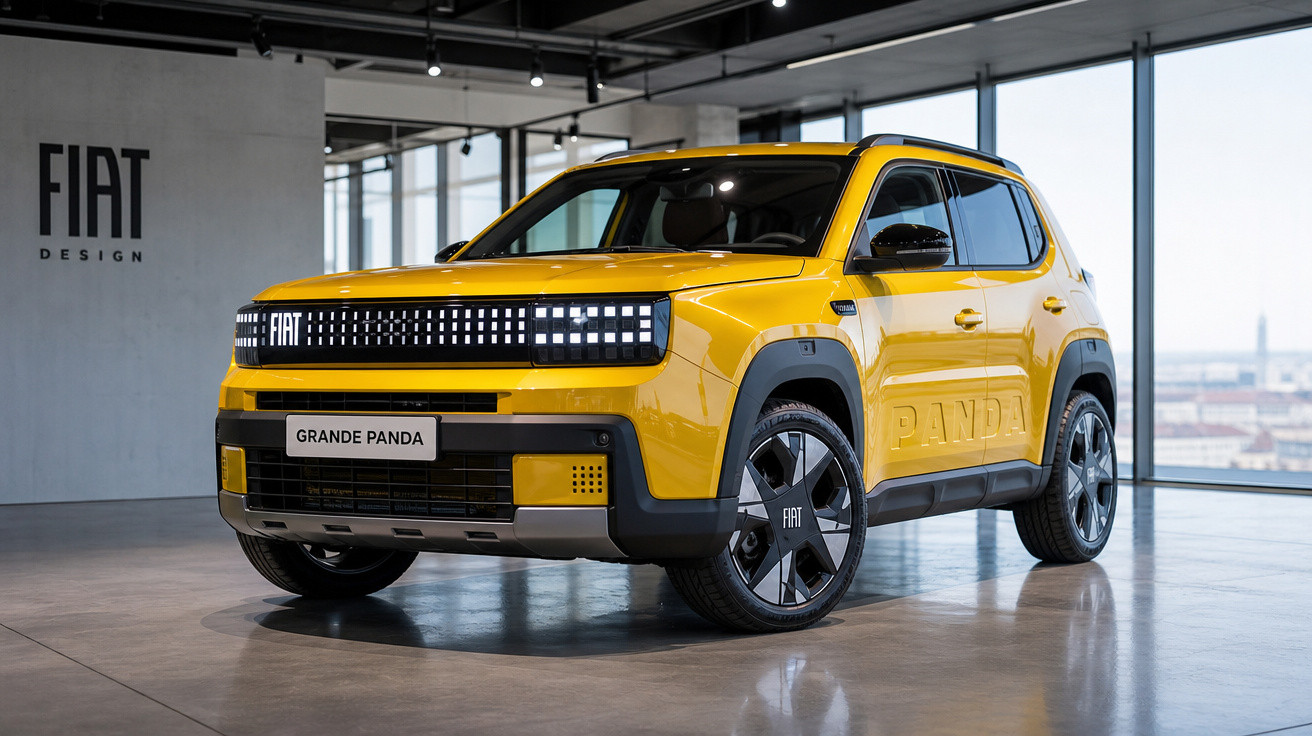 Carro SUV compacto amarelo Fiat Grande Panda em showroom moderno com logo FIAT ao fundo.