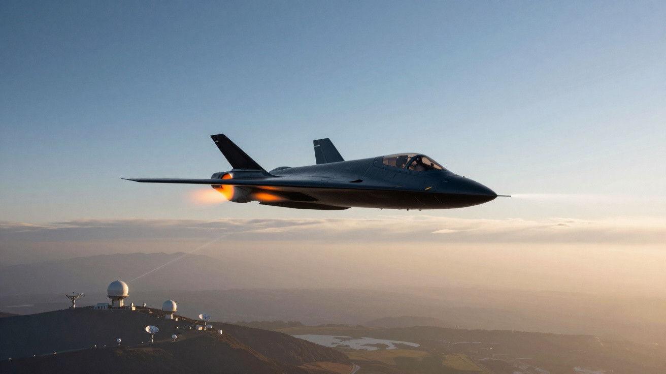 Avião de caça preto voando ao pôr do sol com motor em chamas sobre montanhas e antenas de radar.