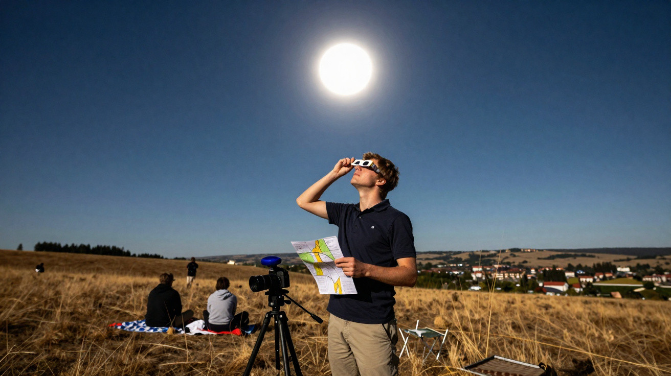 Homem observa eclipse solar com óculos especiais em campo aberto, segurando mapa e tripé com câmera ao lado.