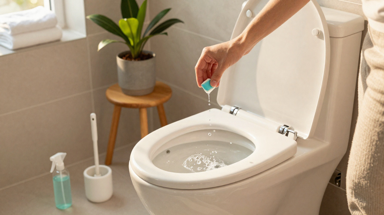 Pessoa colocando pastilha sanitária no vaso sanitário branco em banheiro iluminado.