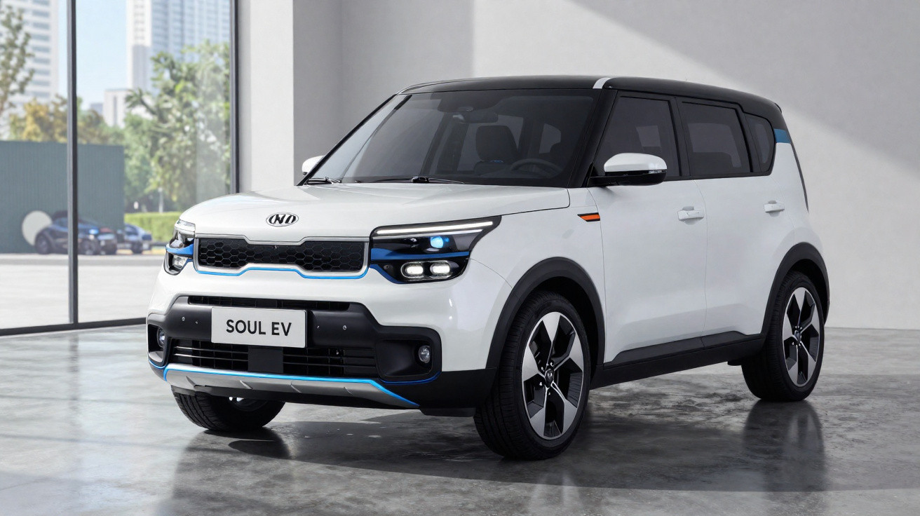 Carro elétrico Kia Soul EV branco com teto preto estacionado em ambiente interno moderno.