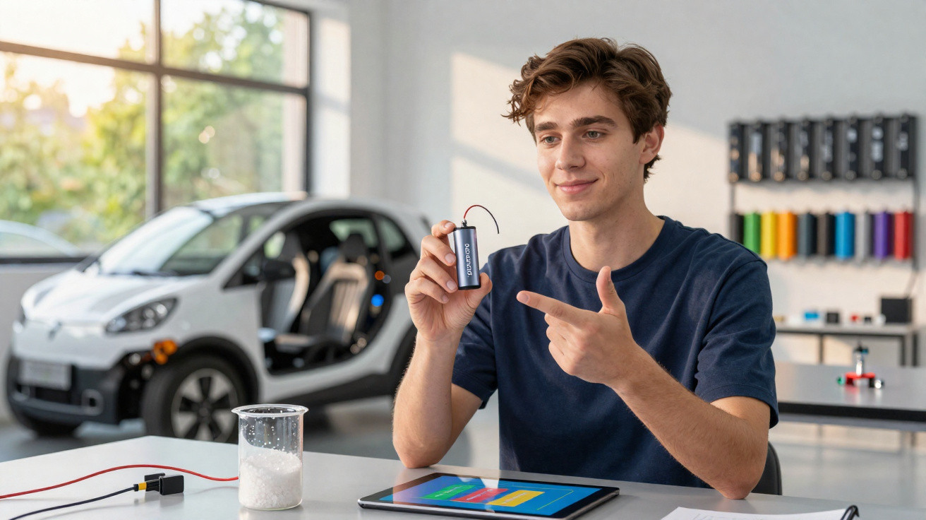 Jovem segurando bateria e apontando, com tablet na mesa e carro elétrico ao fundo em ambiente moderno.
