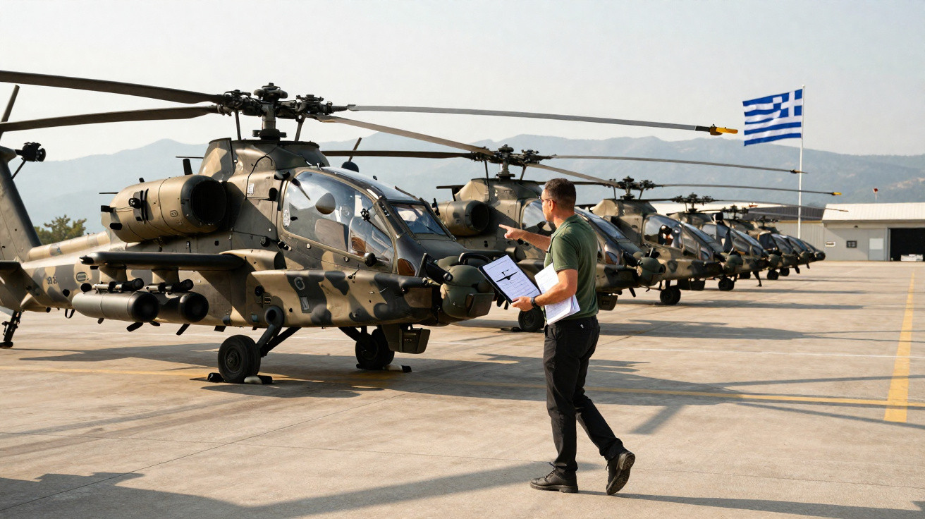 Homem com prancheta inspeciona linha de helicópteros militares camuflados em base aérea com bandeira da Grécia.