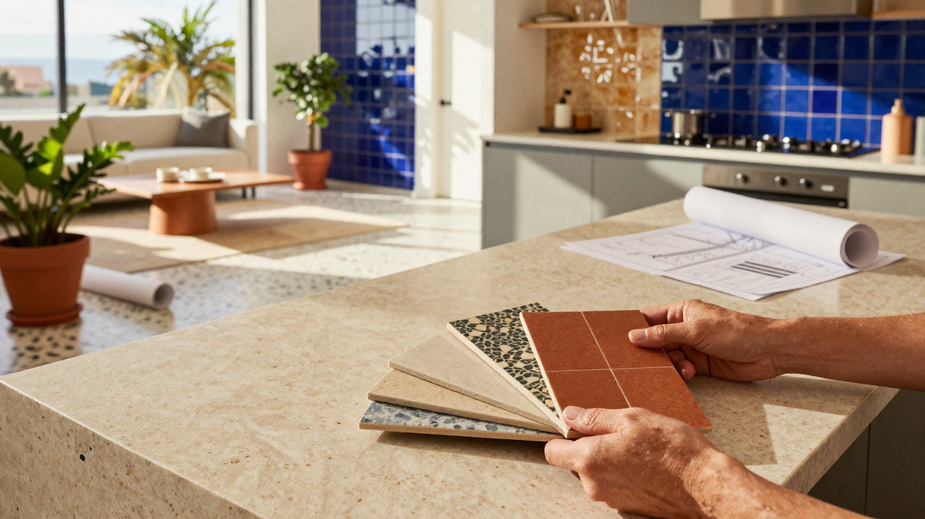 Mãos seguram amostras de azulejos em bancada de cozinha com plantas e plantas ao fundo.