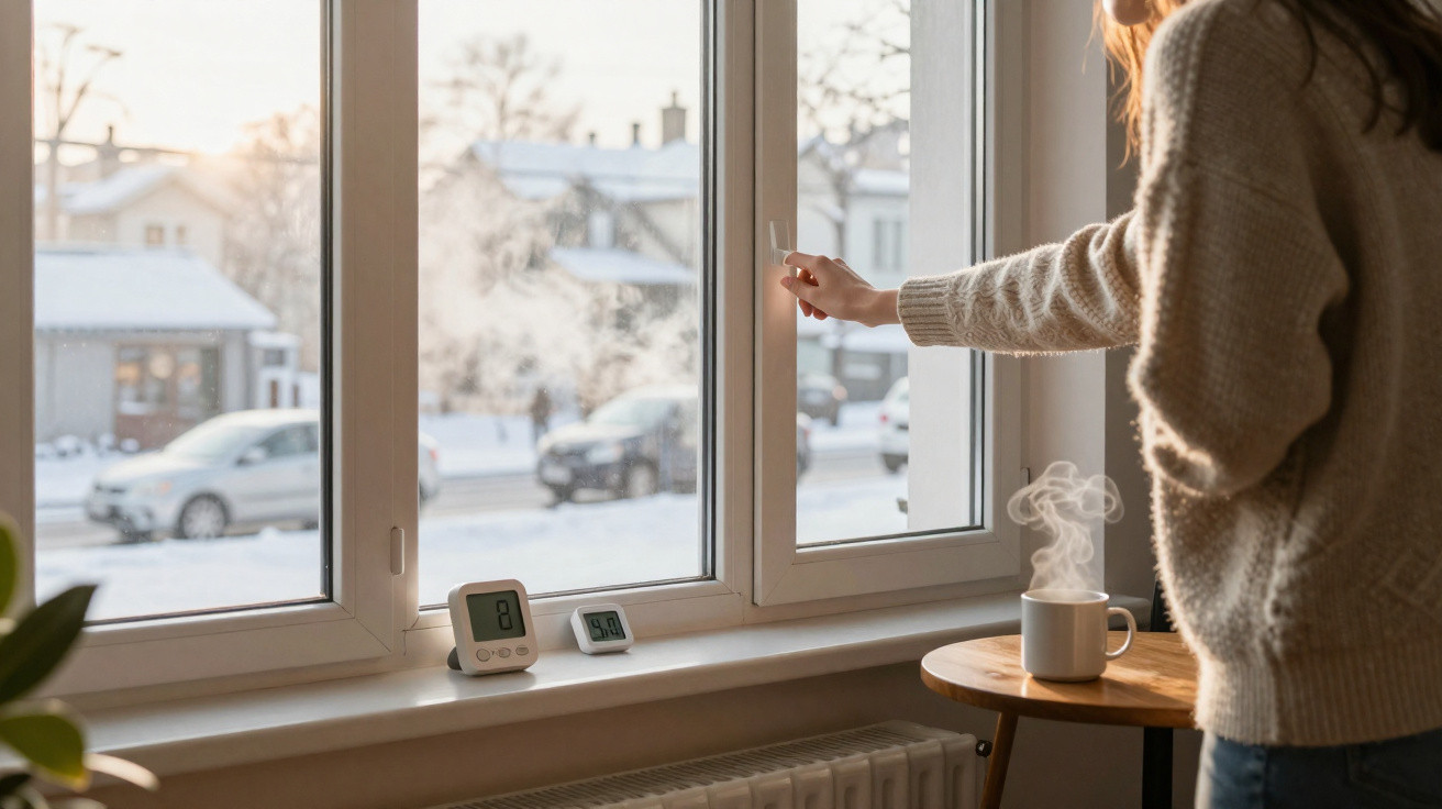 Pessoa abrindo janela em ambiente frio com vapor saindo de uma xícara numa mesa próxima à janela.