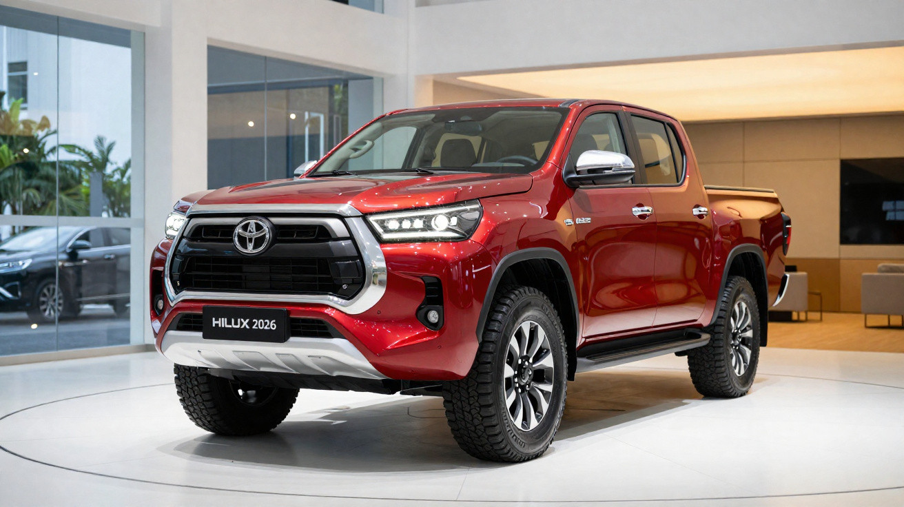Picape Toyota Hilux 2026 vermelha exibida em showroom moderno.