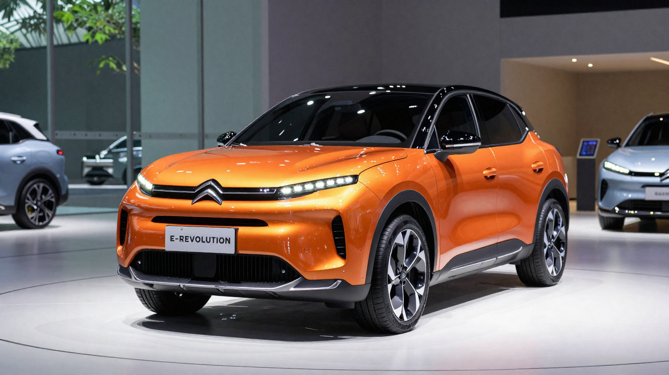 Carro elétrico laranja Citroën E-Revolution em exposição com teto preto e rodas esportivas.