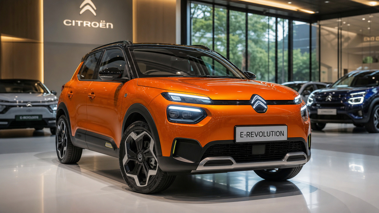 Carro Citroën E-Revolution laranja em exposição moderna com logo brilhante ao fundo.