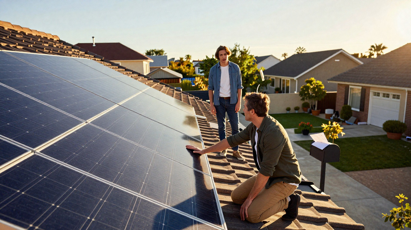 Dois homens inspecionam painéis solares instalados no telhado de uma casa residencial ao pôr do sol.