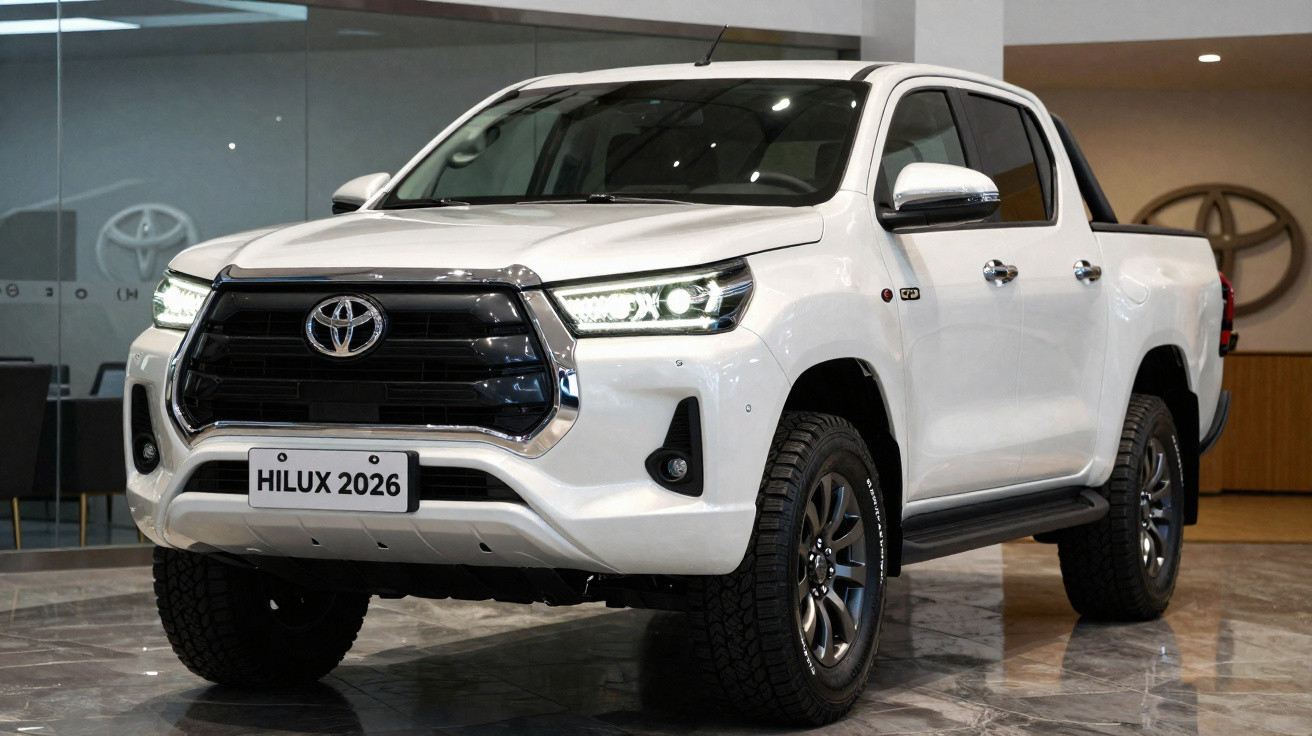 Picape branca Toyota Hilux 2026 estacionada em showroom com faróis acesos.