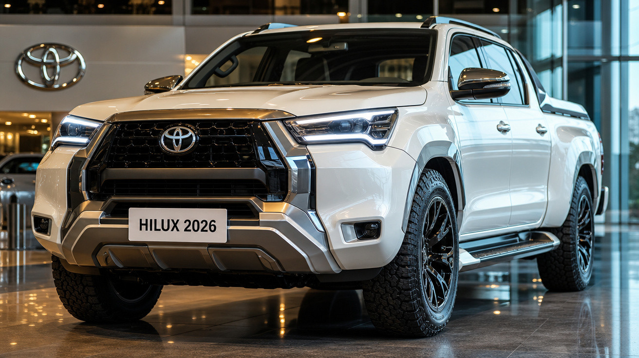 Picape branca Toyota Hilux 2026 em exposição dentro de concessionária moderna.
