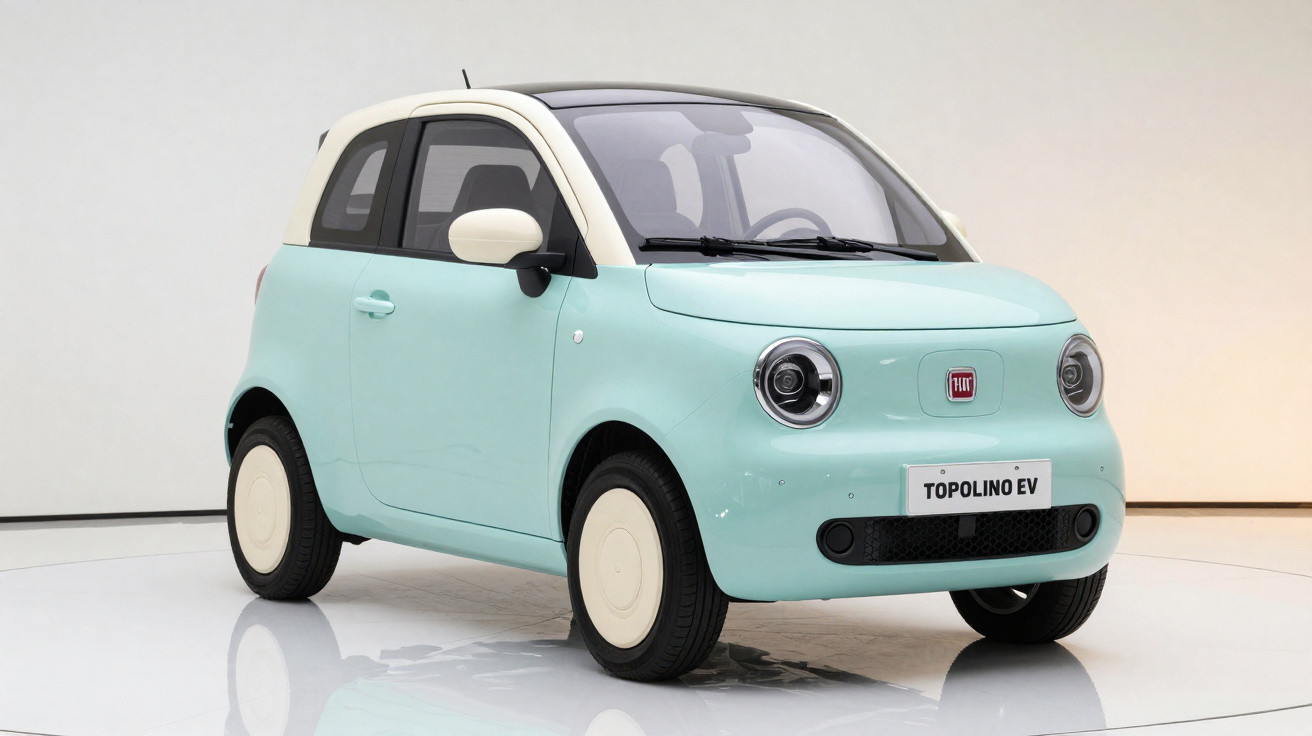Carro elétrico Fiat Topolino EV azul claro com teto e detalhes brancos em estúdio.