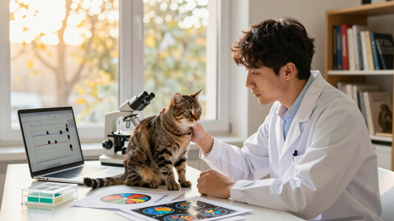 Cientista em jaleco branco acariciando um gato em mesa com laptop, microscópio e gráficos coloridos.