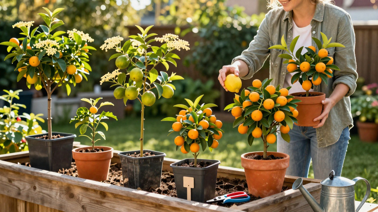 Mulher colhendo limão em vasos com árvores frutíferas em jardim ensolarado.