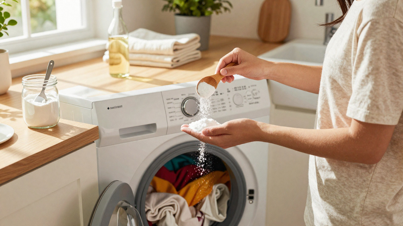 Pessoa colocando detergente em pó em uma máquina de lavar roupas com roupas coloridas dentro.