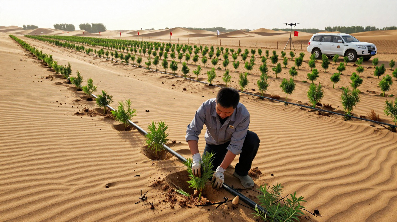 Pessoa plantando muda em área desértica com irrigação por gotejamento e veículo branco ao fundo.
