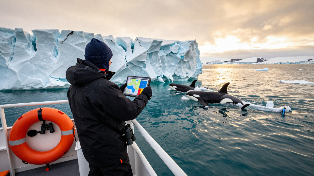 Pesquisador em barco observa orcas próximas a iceberg na água gelada ao pôr do sol.