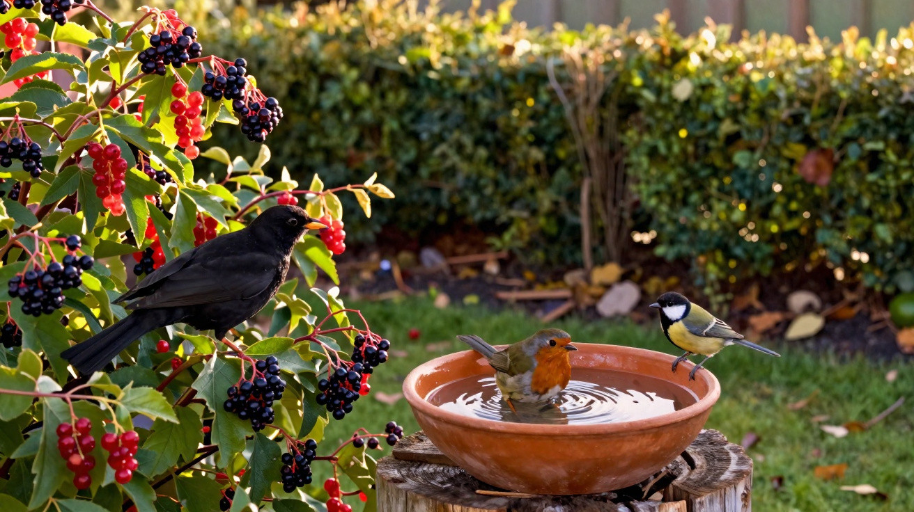 Três pássaros próximos a um banho de pássaros de cerâmica em um jardim com arbustos e frutas vermelhas.