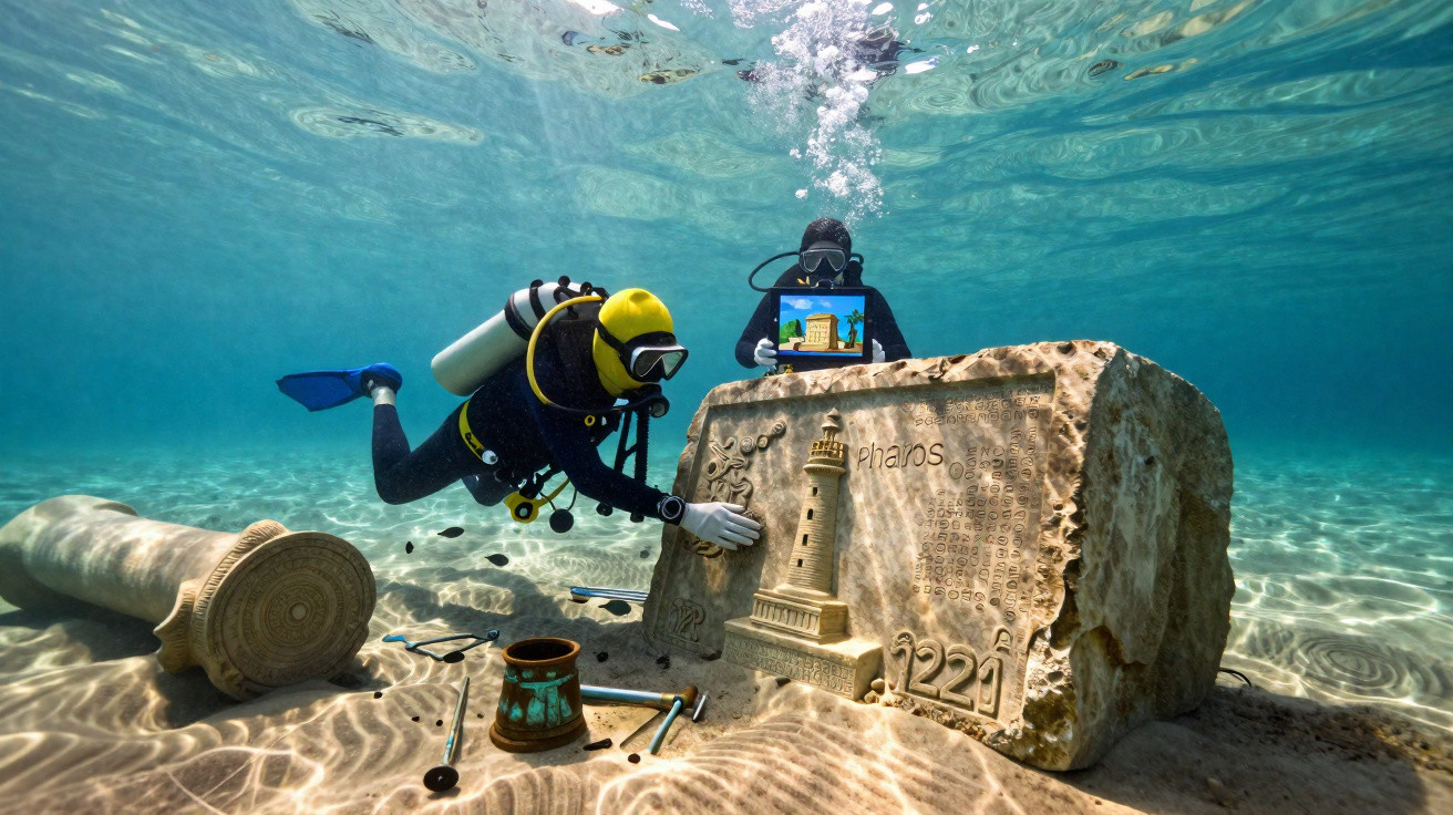 Mergulhadores exploram inscrições antigas em pedra submersa próxima a coluna caída no fundo do mar.
