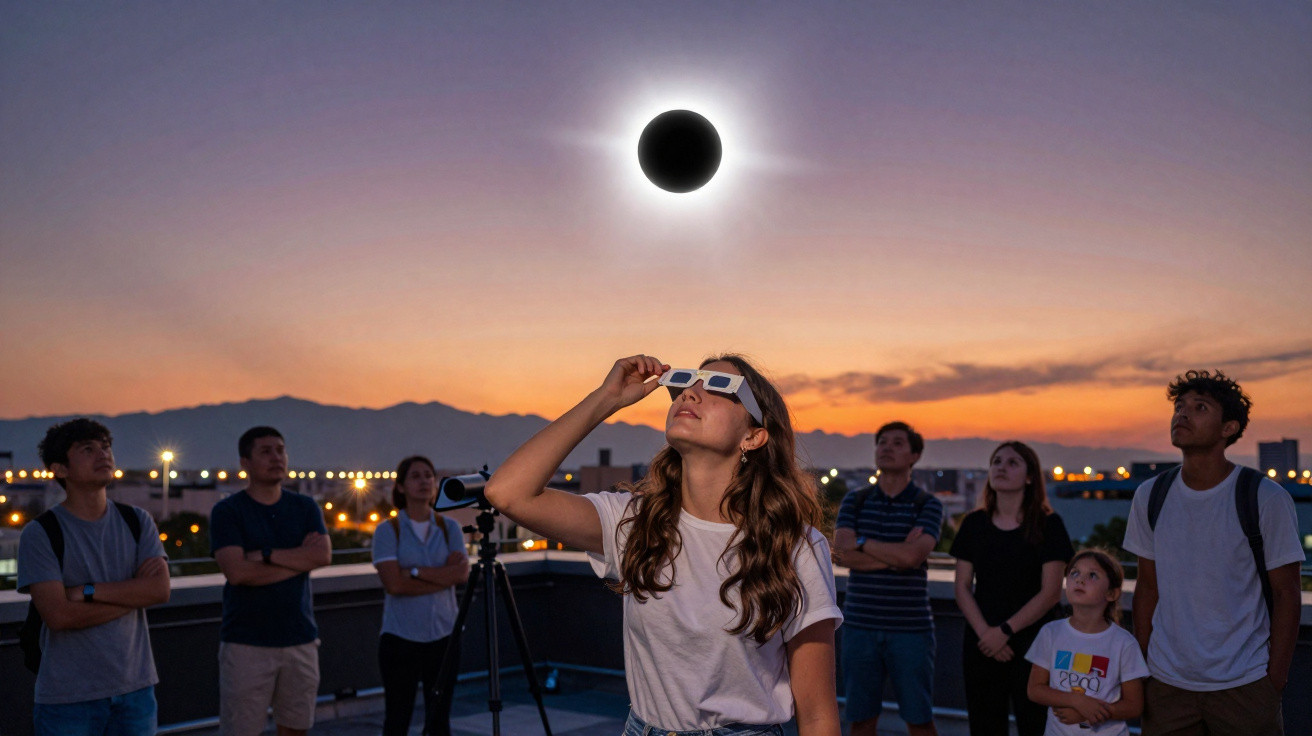 Grupo de pessoas observando eclipse solar ao entardecer usando óculos especiais em área aberta.