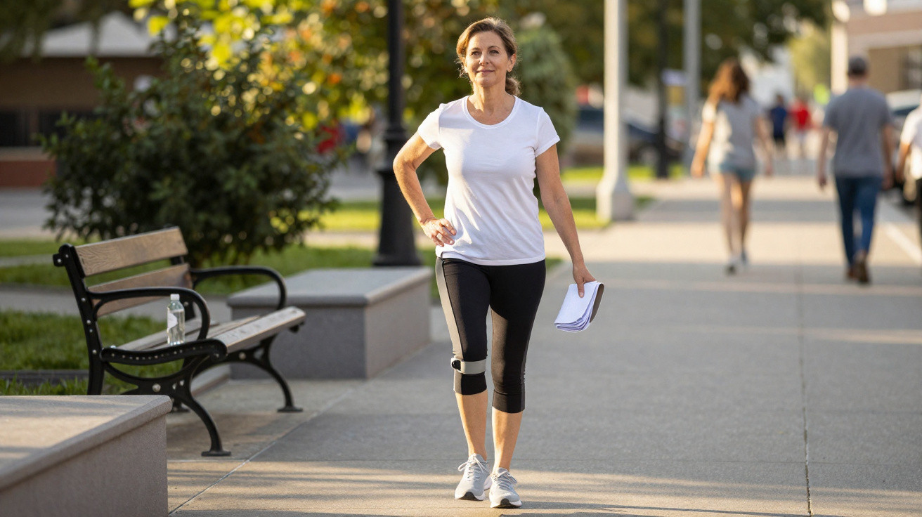 Mulher caminhando na calçada de parque urbano ensolarado, vestindo camiseta branca e legging preta.