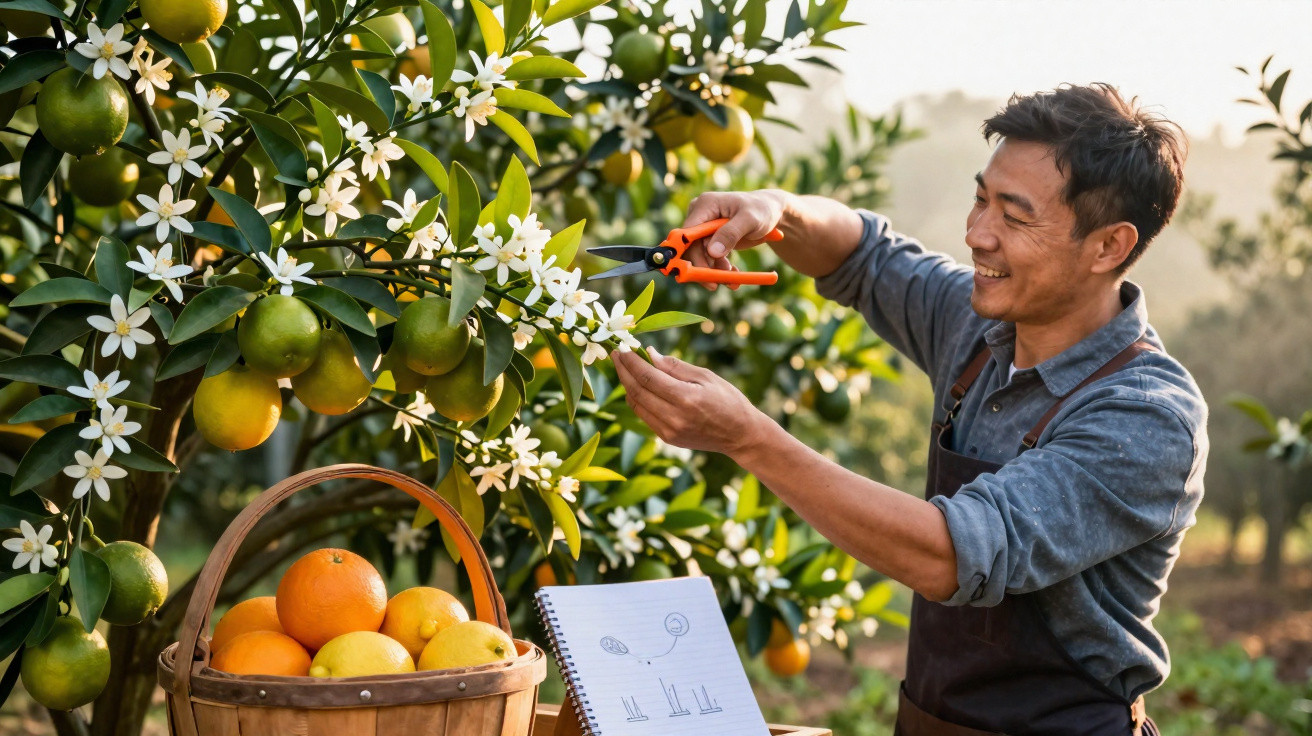 Homem colhendo flores de laranjeira em pomar, ao lado de cesta com frutas e caderno com desenho de plantas.