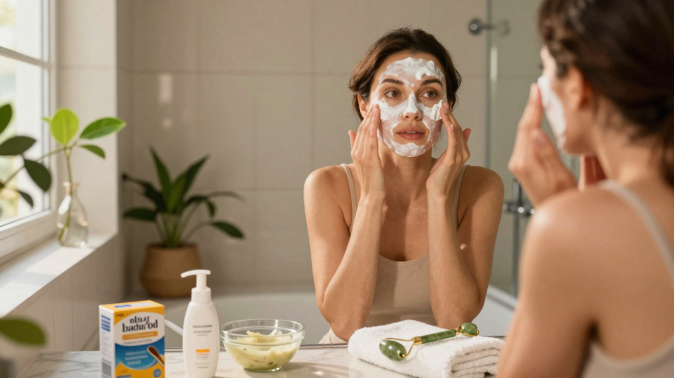 Mulher aplicando máscara facial branca no rosto em frente ao espelho no banheiro.