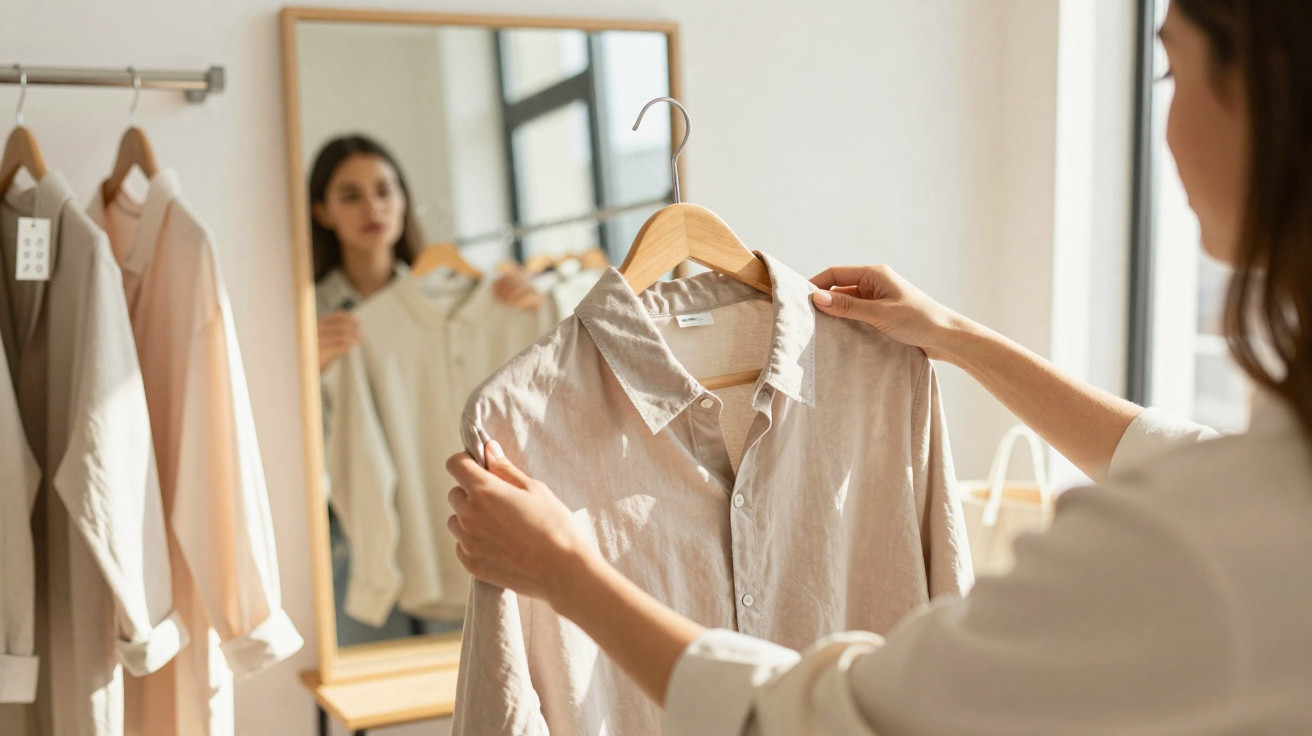Mulher segurando camisa bege em cabide à frente de espelho em closet com roupas penduradas ao lado.