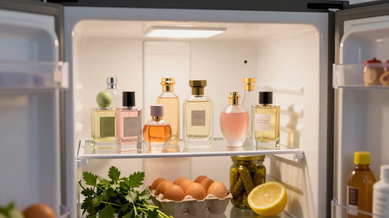 Interior de geladeira com perfumes na prateleira superior e ovos, limão, pepinos e salsa na prateleira inferior.