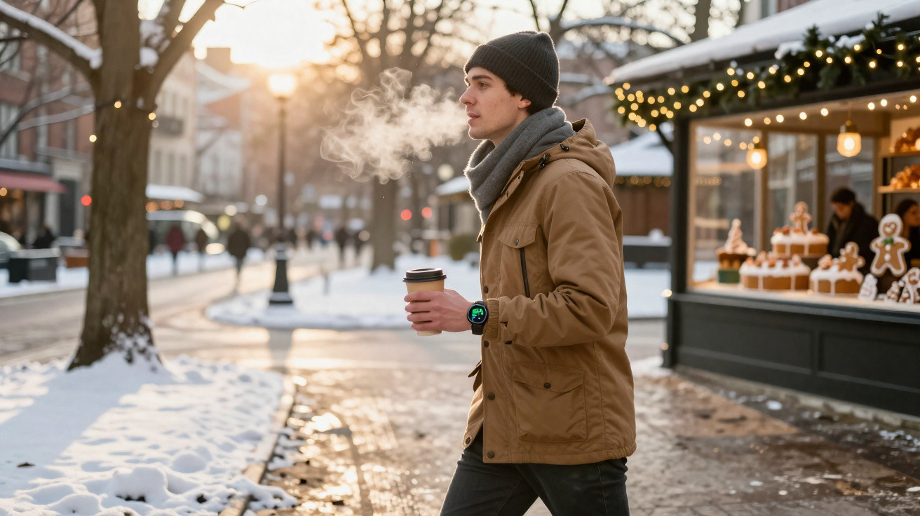 Homem com roupa de inverno segurando café em cidade nevada ao pôr do sol.