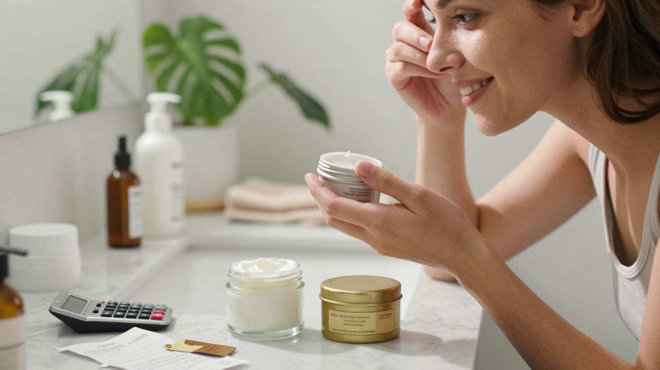 Mulher sorridente aplicando creme facial em banheiro com produtos e planta ao fundo.