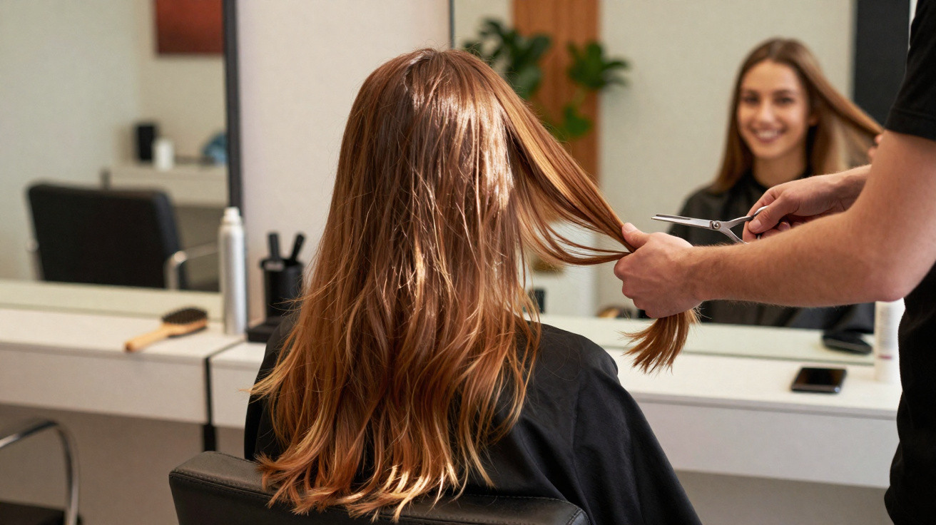 Mulher sorridente sentada no salão de beleza recebendo corte de cabelo de profissional.