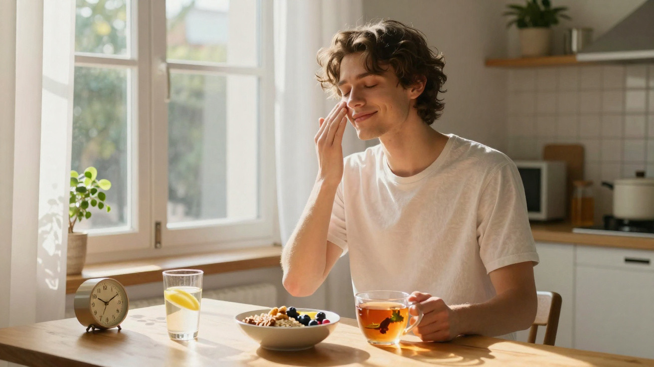 Jovem sentado à mesa tomando chá e comendo cereais com frutas no café da manhã em cozinha iluminada.