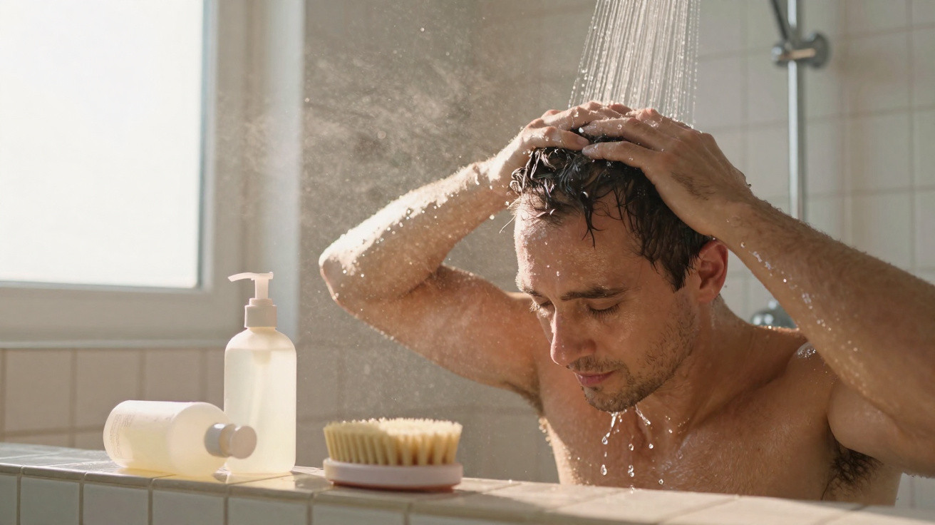 Homem tomando banho em chuveiro, lavando o cabelo com água e produtos de higiene ao lado.