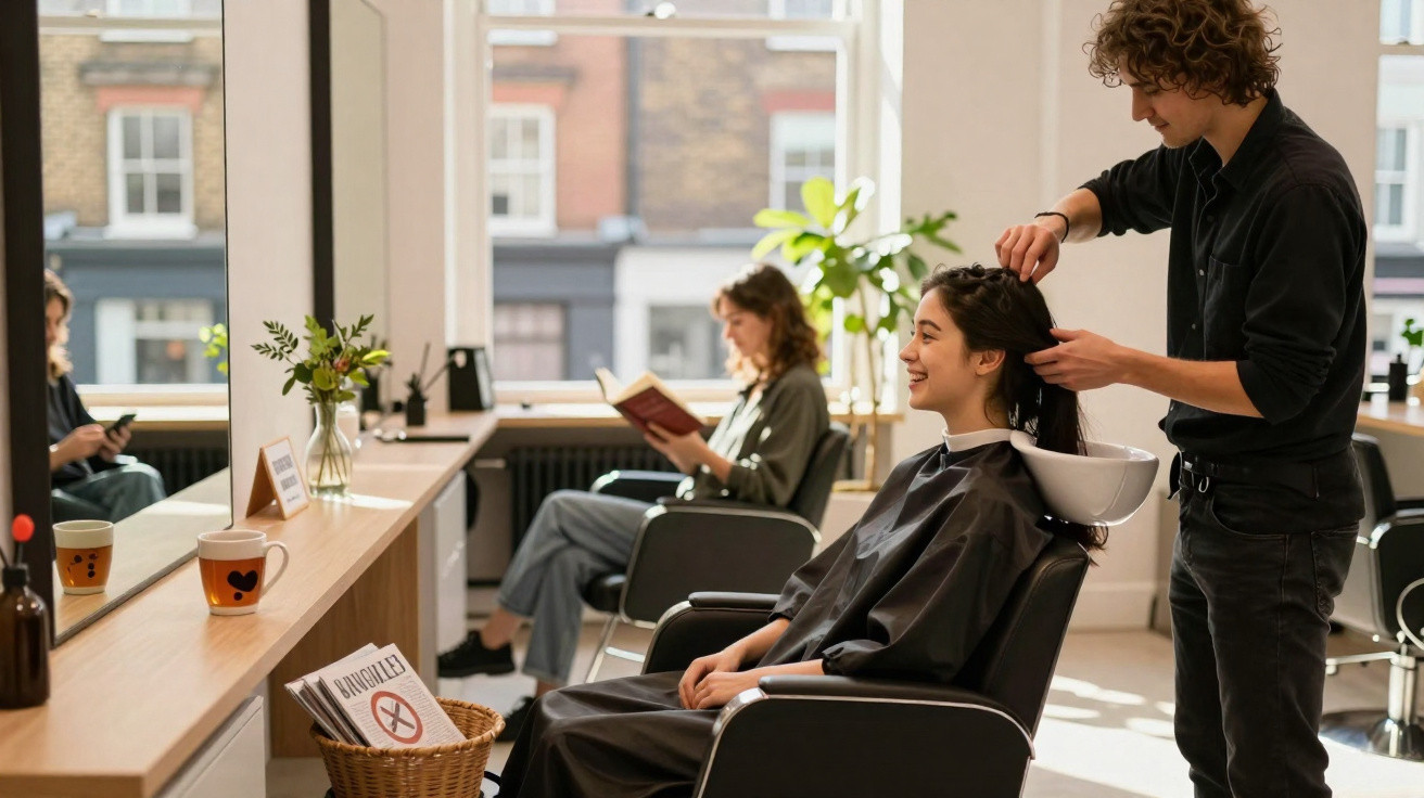 Mulher sorrindo enquanto cabeleireiro lava seu cabelo em salão com luz natural e pessoa lendo ao fundo.