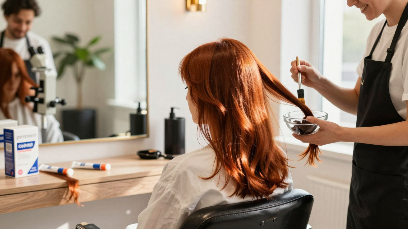 Cabeleireira aplicando tinta em cabelo ruivo de cliente sentada em cadeira de salão moderno.