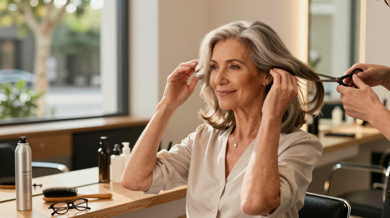 Mulher madura sorridente recebendo corte de cabelo em salão iluminado e moderno.