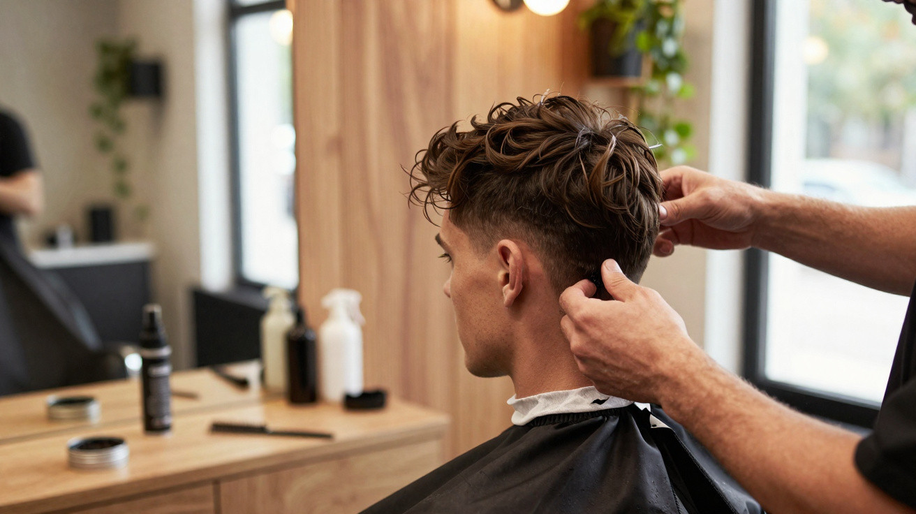 Homem recebendo corte de cabelo em barbearia moderna com madeira e produtos no balcão.