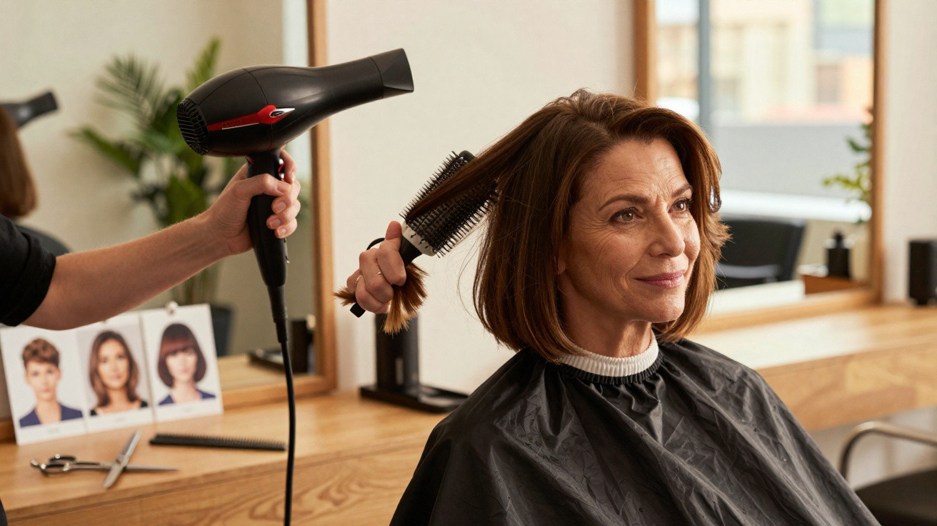 Mulher de meia-idade sorrindo enquanto tem o cabelo seco e escovado em salão de beleza moderno.