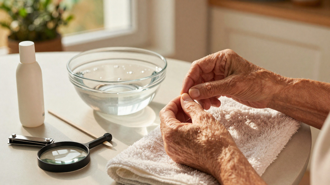 Mãos idosas cuidando das unhas com acessório de manicure, toalha, recipiente de água e lupa sobre a mesa.