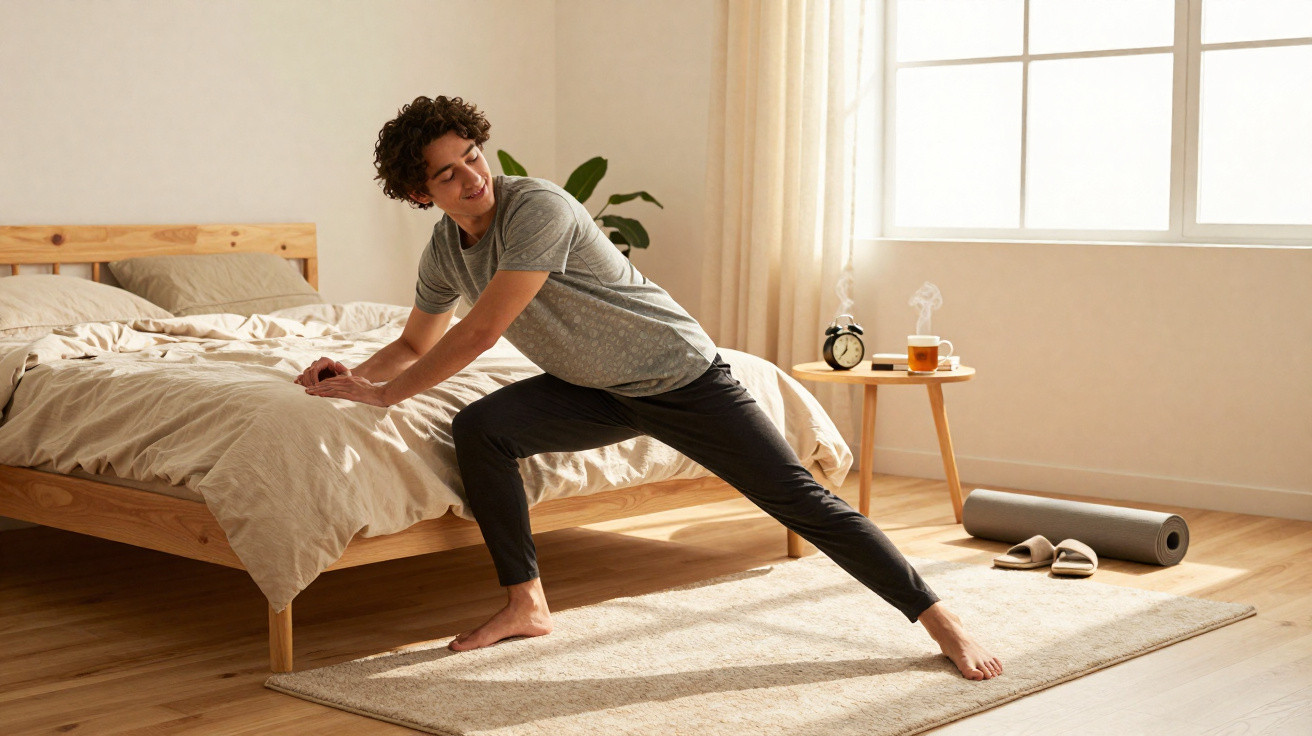 Homem fazendo alongamento ao lado da cama em quarto iluminado, com tapete, relógio, chá e tapete de yoga.