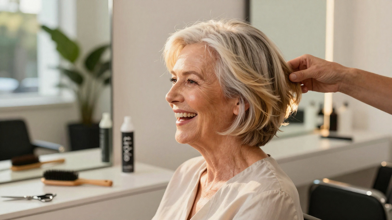 Mulher sorridente com cabelo grisalho curto recebendo penteado em salão de beleza moderno.